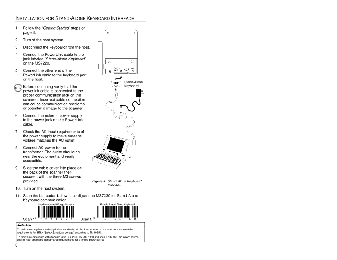 Metrologic Instruments MS7220 manual Installation for STAND-ALONE Keyboard Interface, Stand-Alone Keyboard Interface 