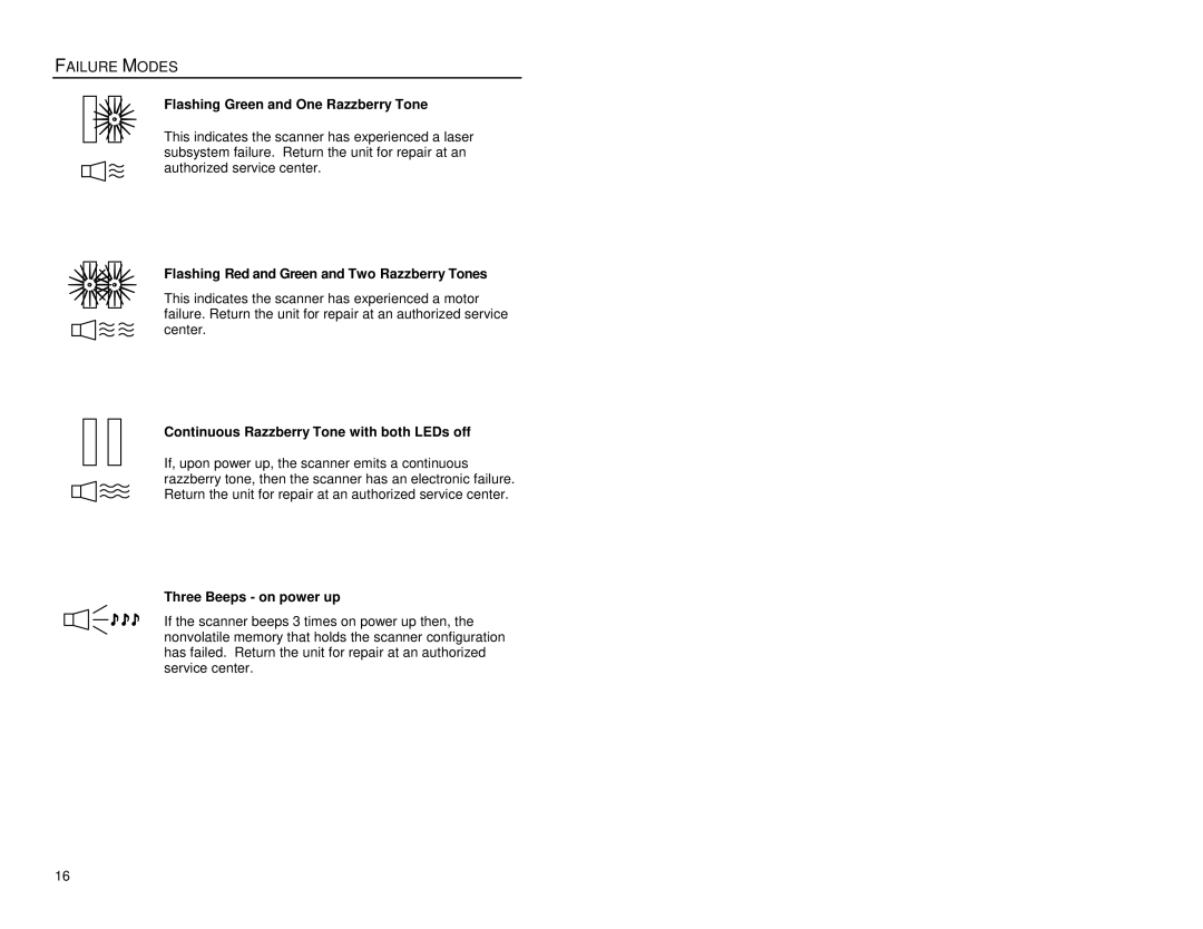 Metrologic Instruments MS7220 manual Failure Modes, Flashing Green and One Razzberry Tone 