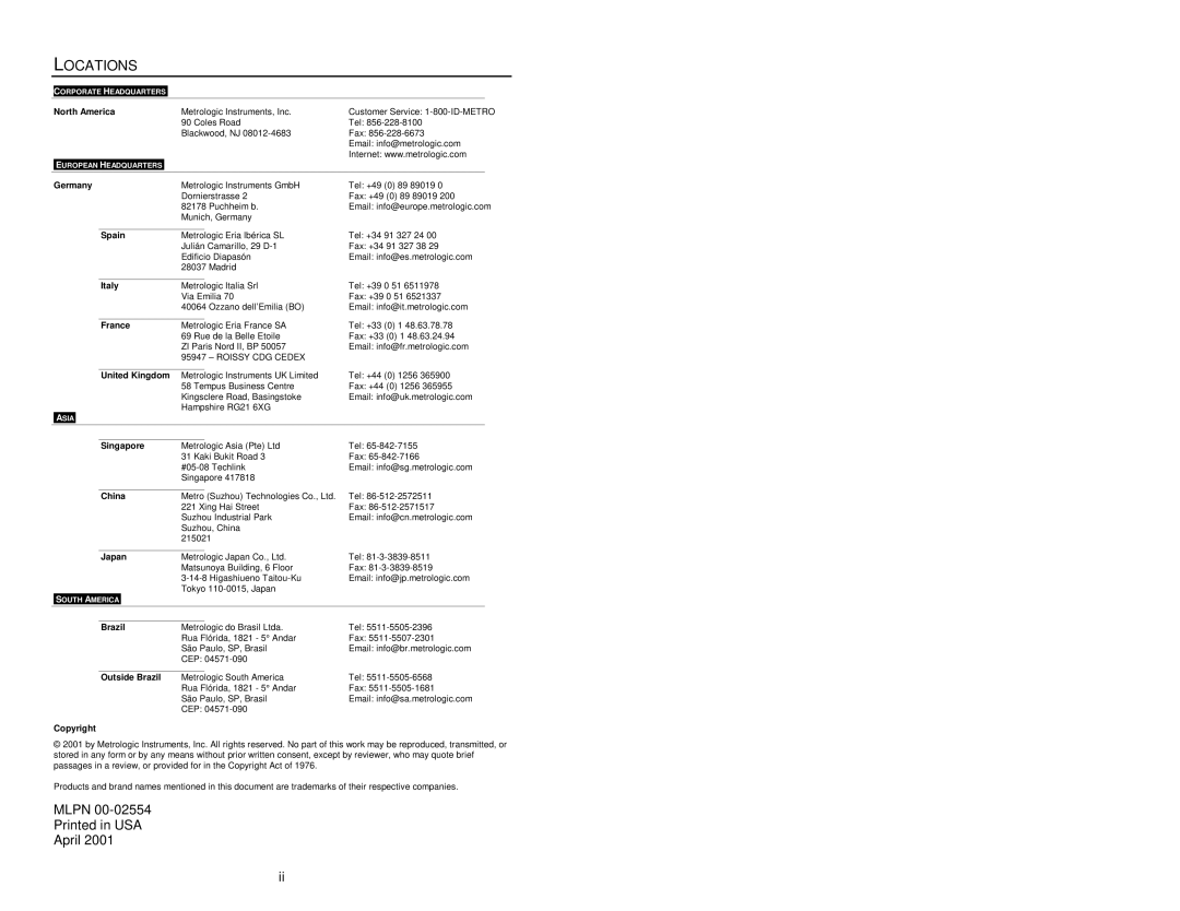 Metrologic Instruments MS7220 manual Locations, North America 