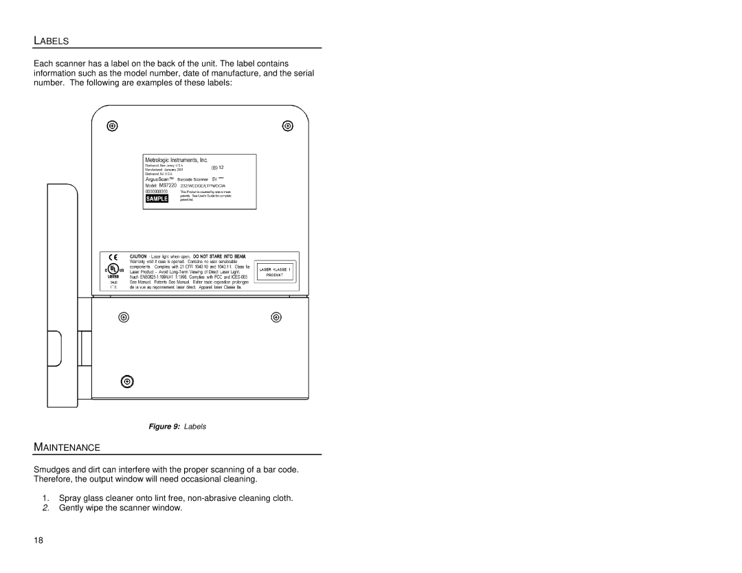 Metrologic Instruments MS7220 manual Labels, Maintenance 