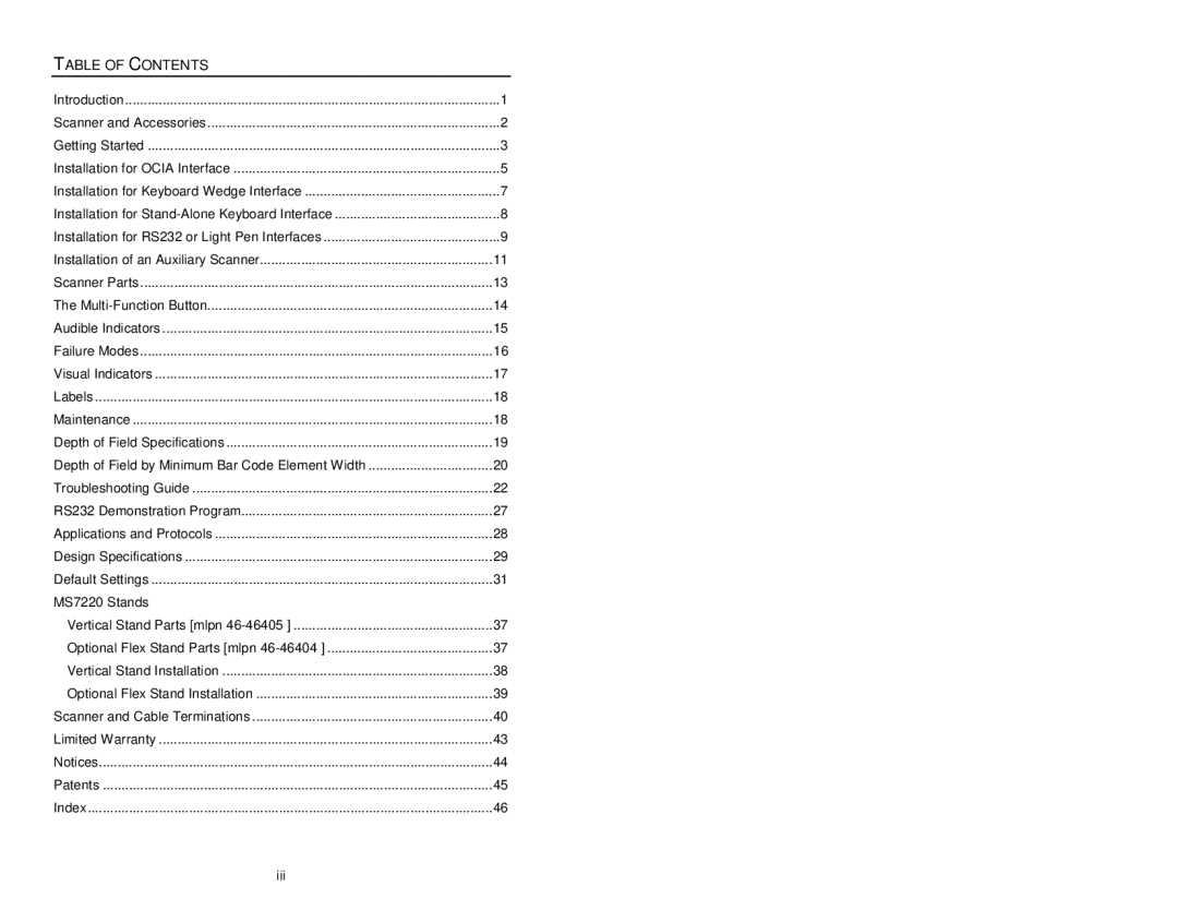 Metrologic Instruments MS7220 manual Table of Contents 