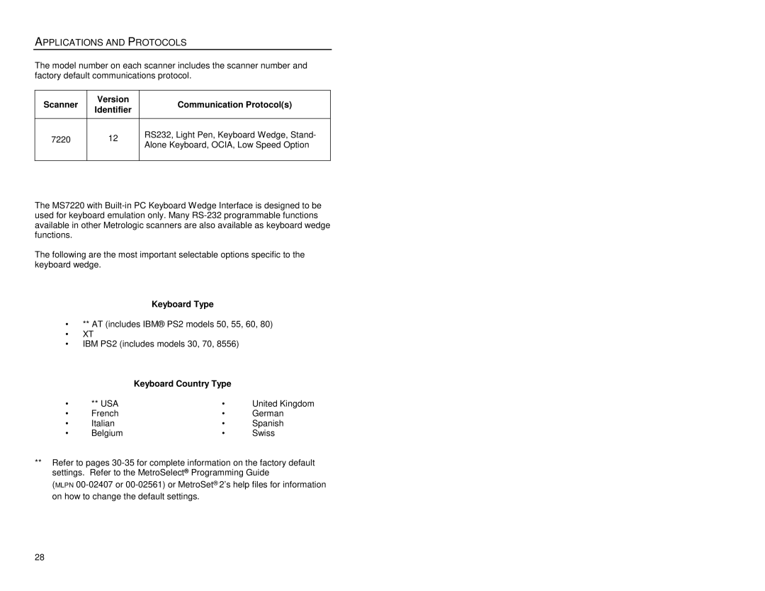 Metrologic Instruments MS7220 manual Applications and Protocols, Keyboard Type, Keyboard Country Type 