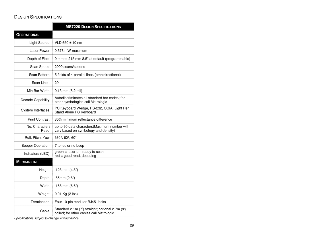 Metrologic Instruments MS7220 manual Design Specifications 