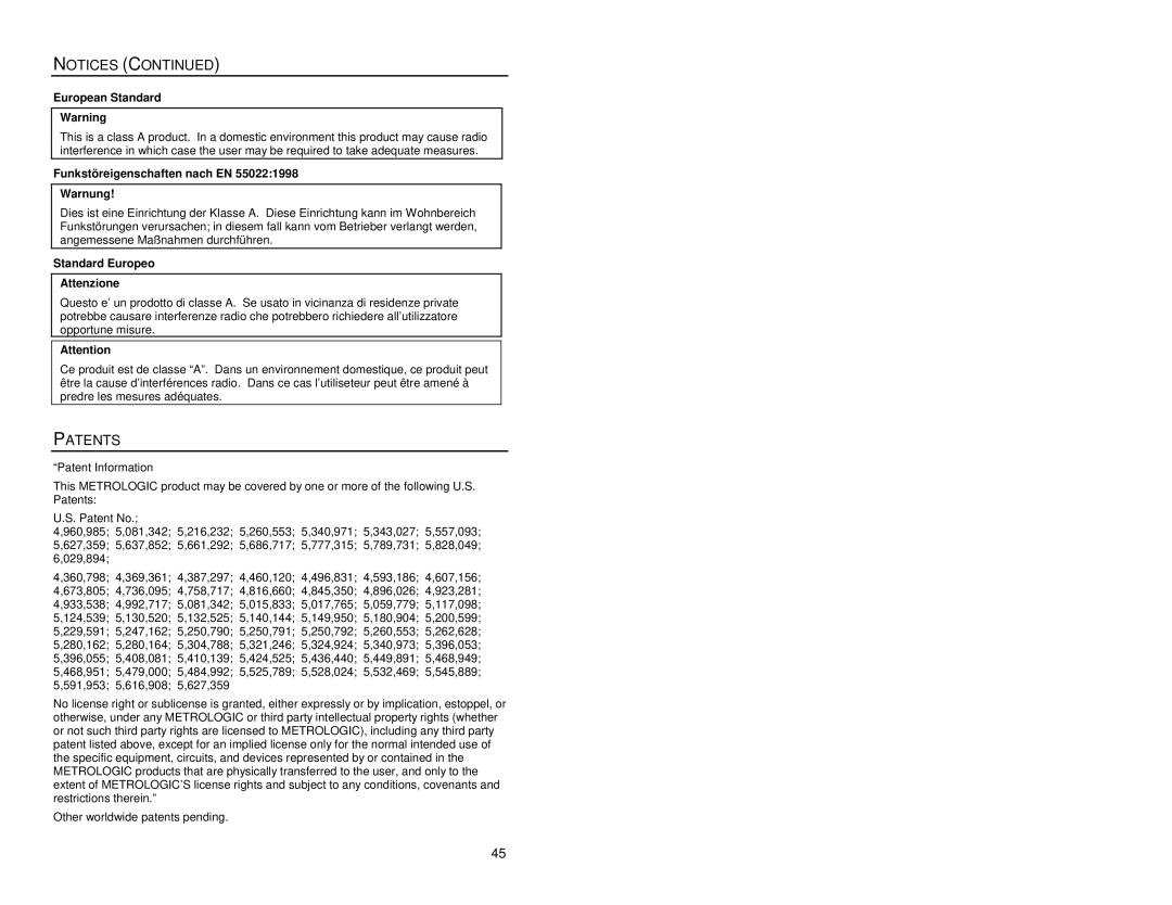 Metrologic Instruments MS7220 manual Patents, European Standard 