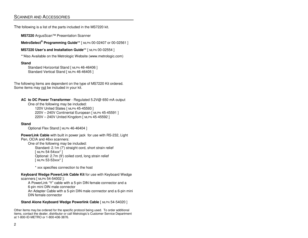 Metrologic Instruments MS7220 manual Scanner and Accessories, MetroSelect Programming Guide** Mlpn 00-02407 or Stand 