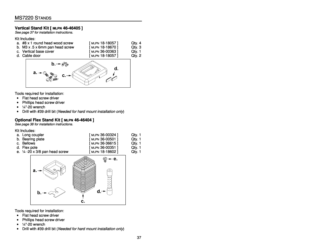 Metrologic Instruments manual MS7220 STANDS, Vertical Stand Kit MLPN, Optional Flex Stand Kit MLPN 