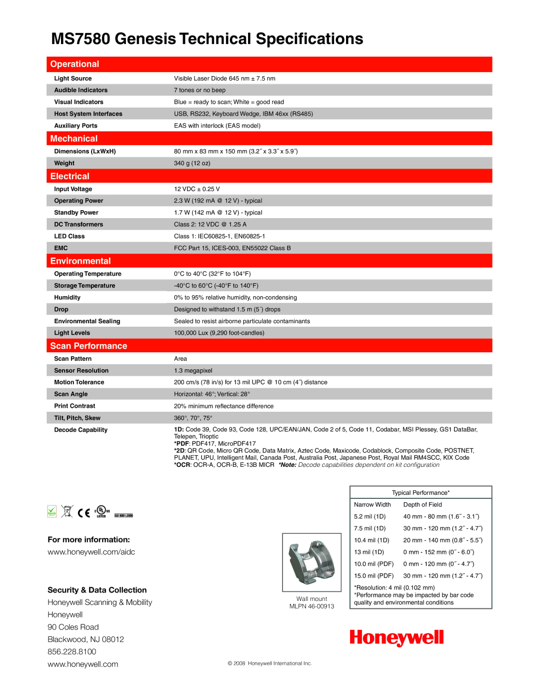 Metrologic Instruments MS7580 manual Operational, Mechanical, Electrical, Environmental, Scan Performance 