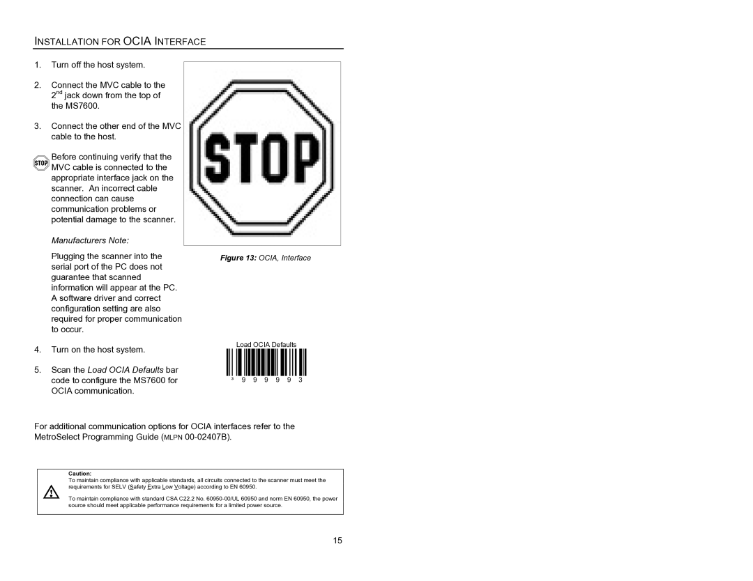 Metrologic Instruments MS7620 manual Installation for Ocia Interface, OCIA, Interface 