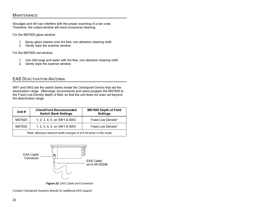 Metrologic Instruments MS7620 manual Maintenance, EAS Deactivation Antenna, 3, 4, 5, on SW1 & SW2 