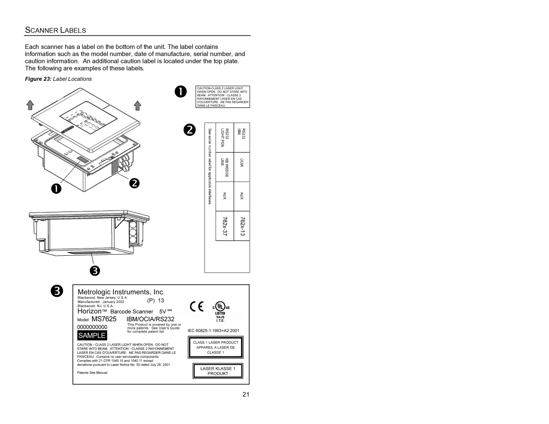 Metrologic Instruments MS7620 manual Scanner Labels, Label Locations 