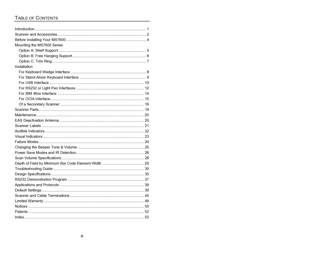 Metrologic Instruments MS7620 manual Table of Contents 