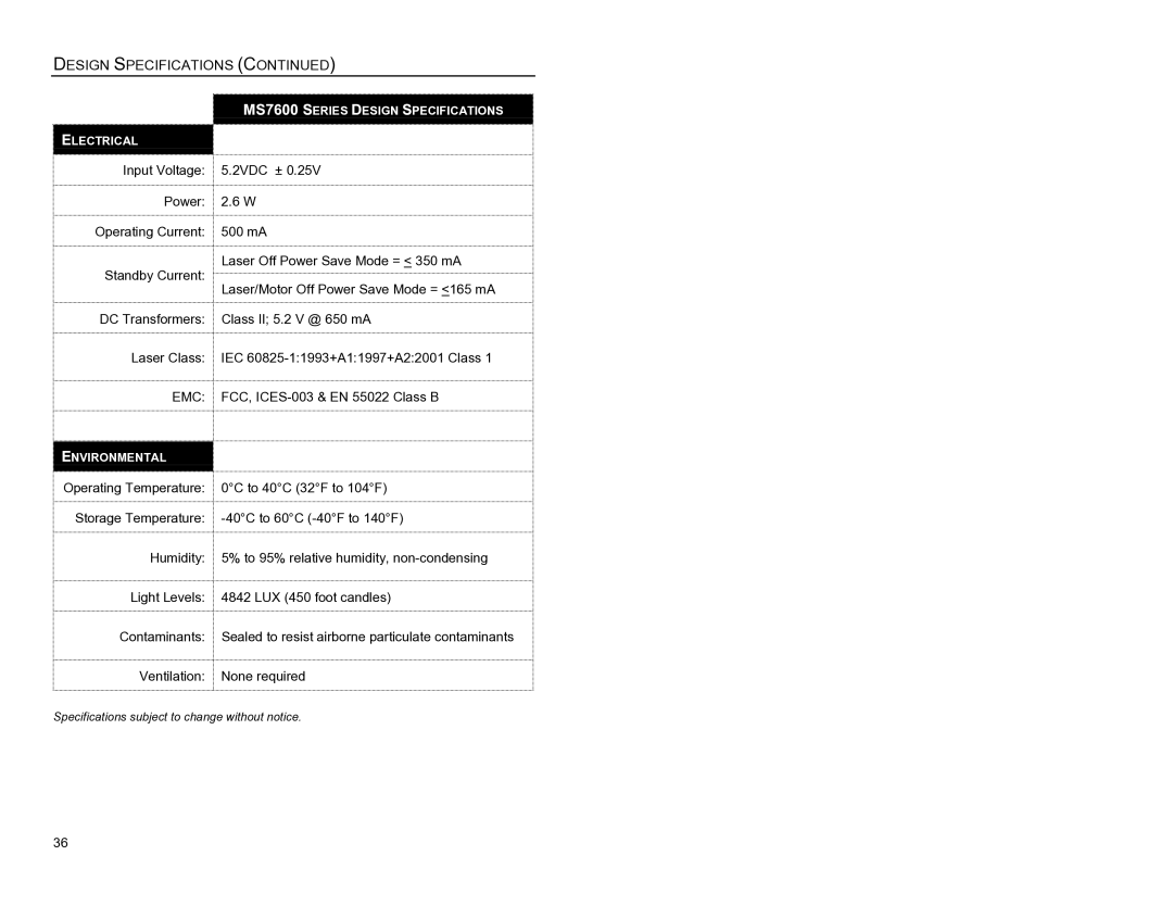 Metrologic Instruments MS7620 manual Electrical 