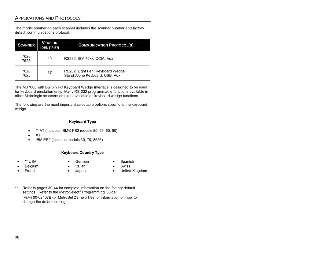 Metrologic Instruments MS7620 manual Applications and Protocols, Keyboard Type, Keyboard Country Type 