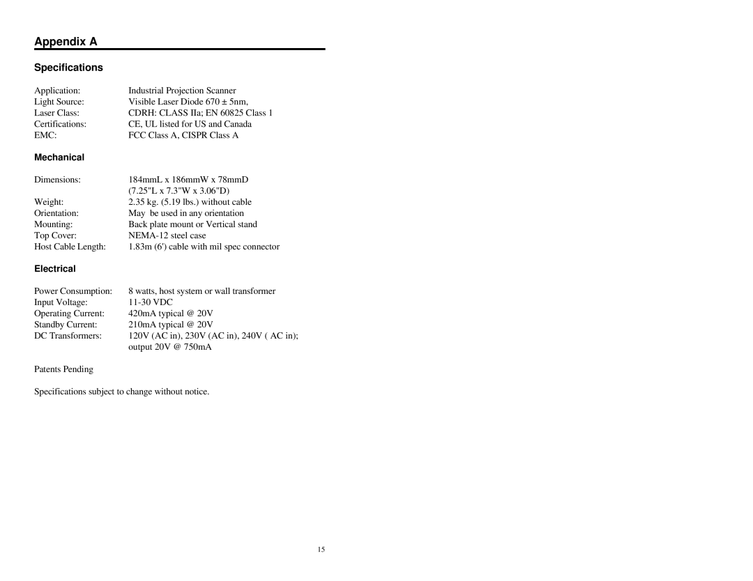 Metrologic Instruments MS770 manual Appendix a, Specifications 