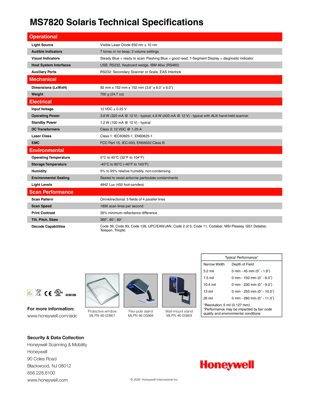 Metrologic Instruments MS7820 manual Operational, Mechanical, Electrical, Environmental, Scan Performance 