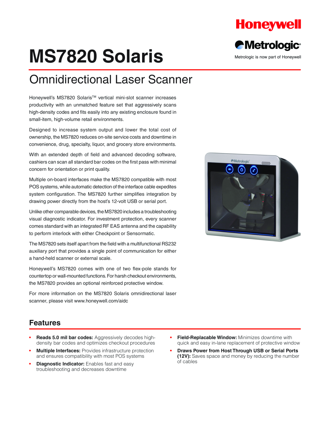 Metrologic Instruments manual MS7820 Solaris, Omnidirectional Laser Scanner, Features 