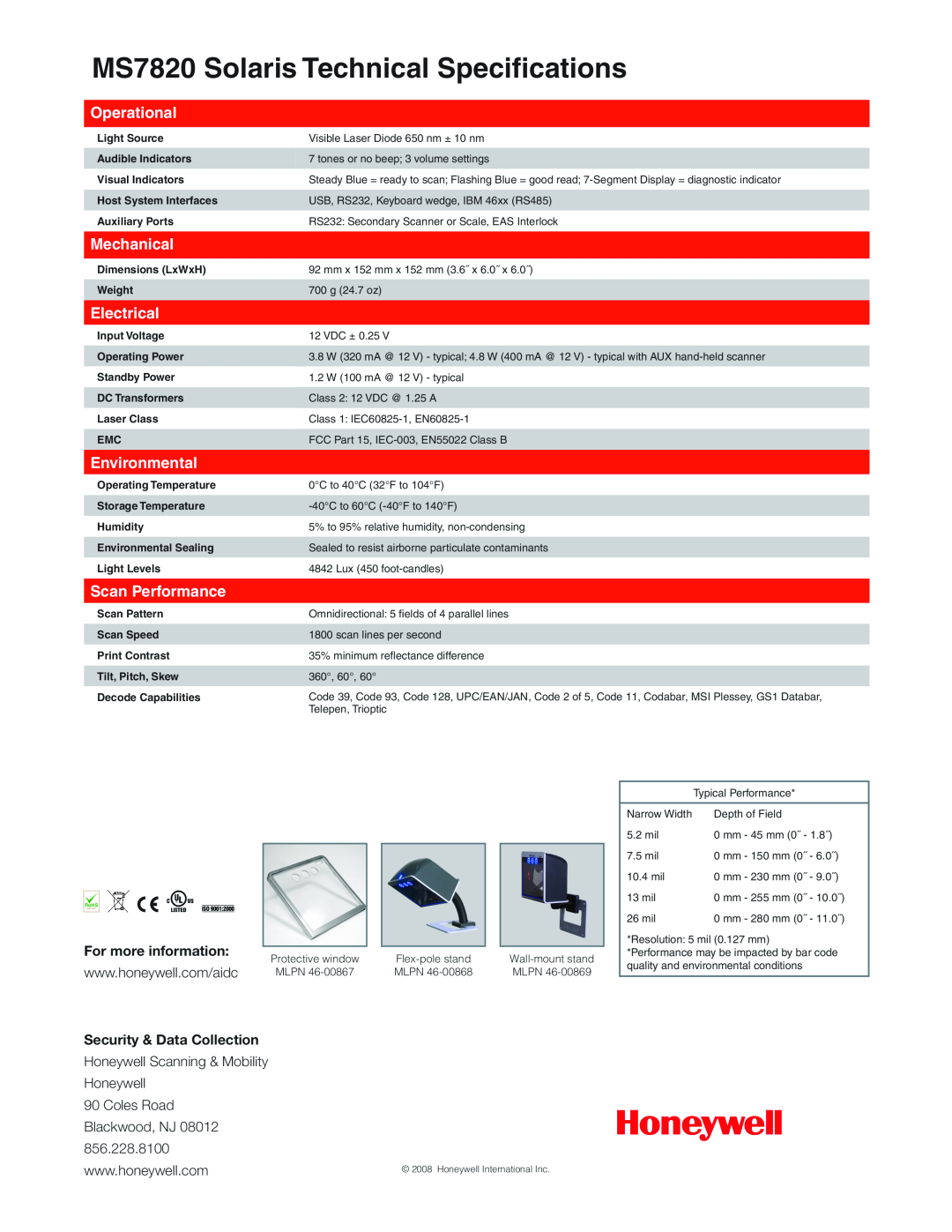 Metrologic Instruments MS7820 Solaris Technical Specifications, Operational, Mechanical, Electrical, Environmental 