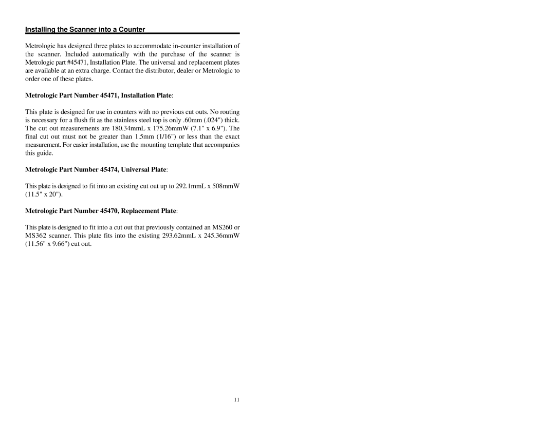 Metrologic Instruments MS860 manual Installing the Scanner into a Counter, Metrologic Part Number 45471, Installation Plate 