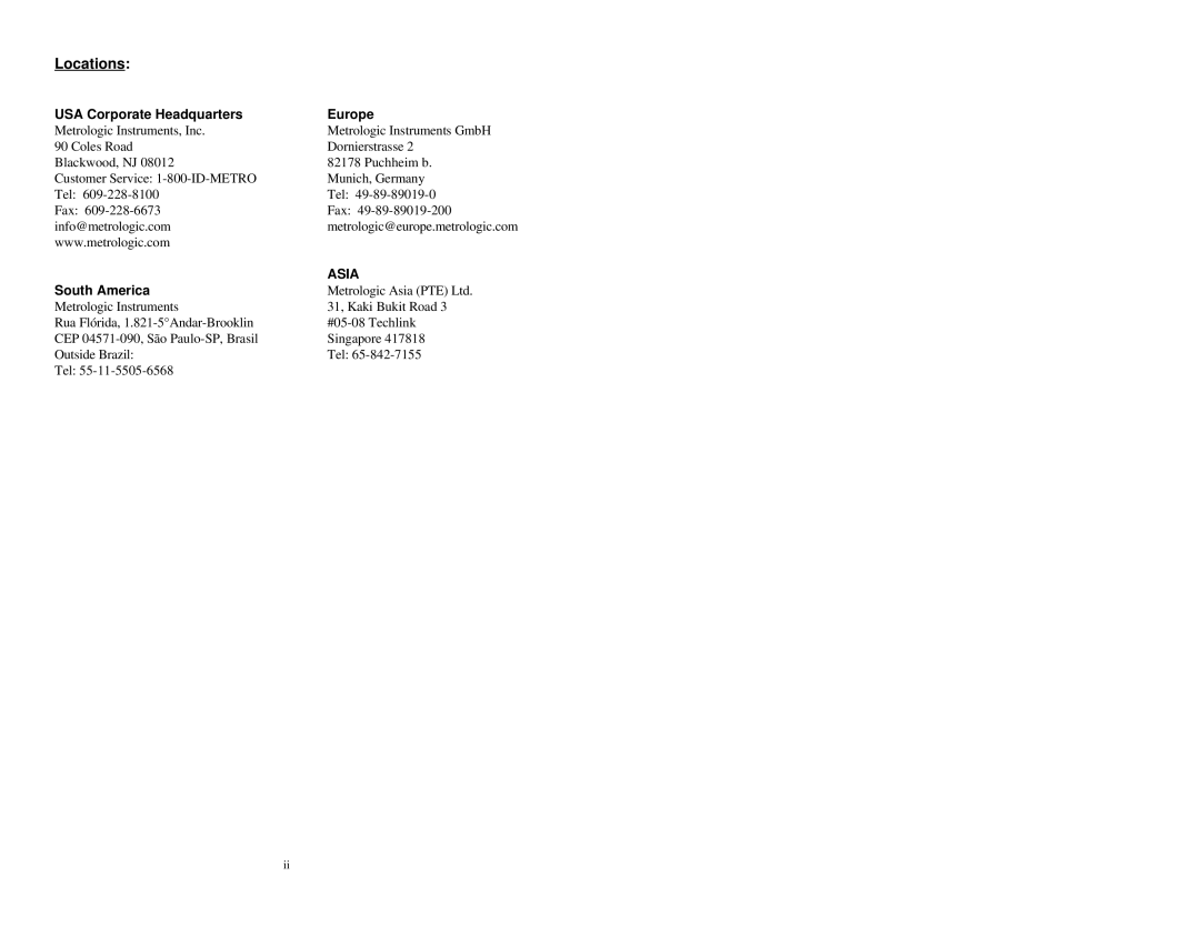 Metrologic Instruments MS860 manual Locations, USA Corporate Headquarters Europe 