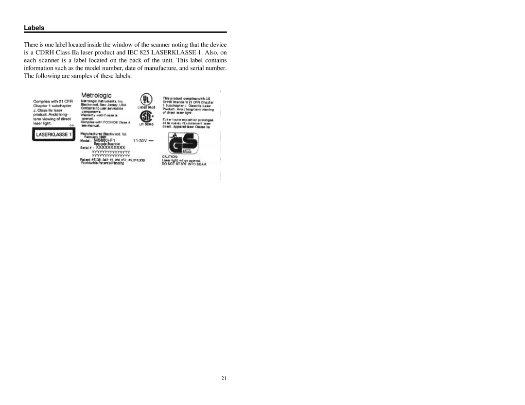 Metrologic Instruments MS860 manual Labels 