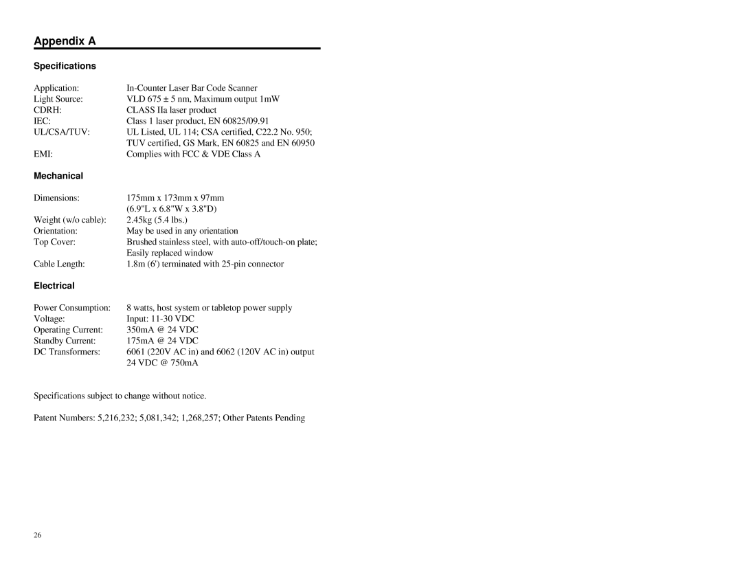 Metrologic Instruments MS860 manual Appendix a, Specifications, Mechanical, Electrical 