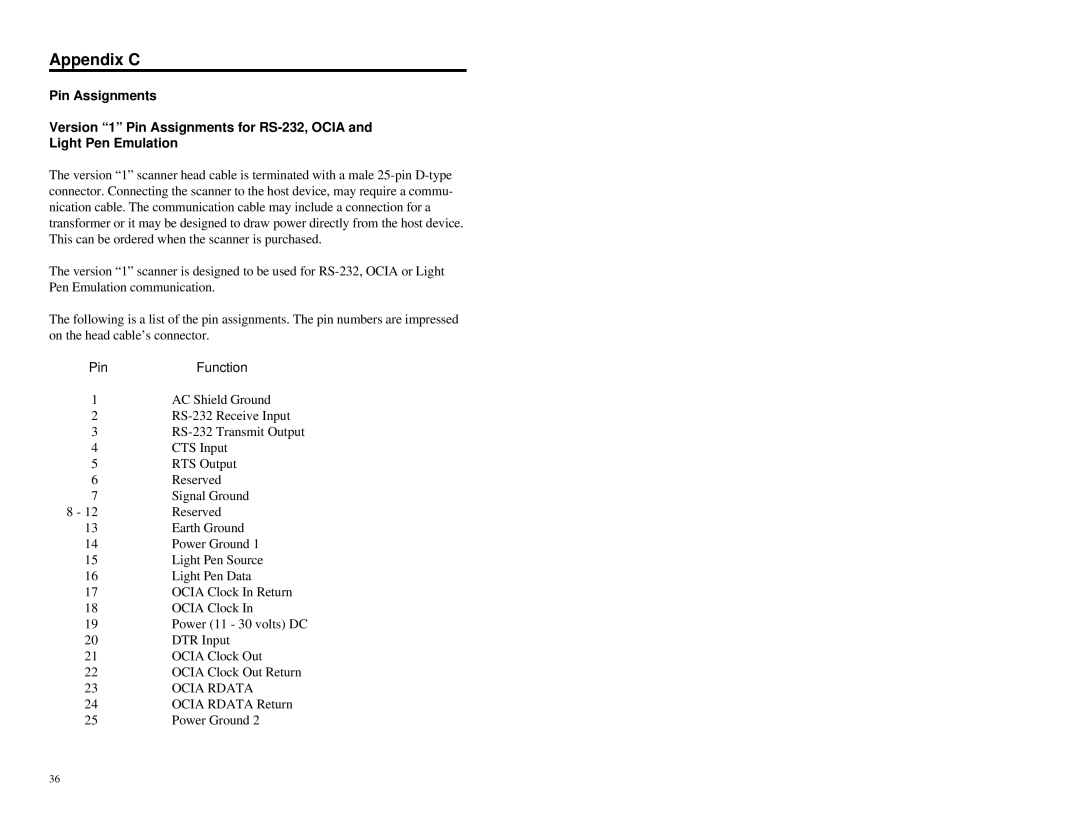 Metrologic Instruments MS860 manual Appendix C, Pin Function 