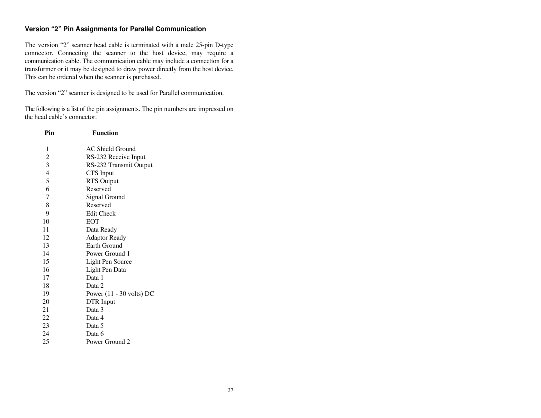 Metrologic Instruments MS860 manual Version 2 Pin Assignments for Parallel Communication, Eot 