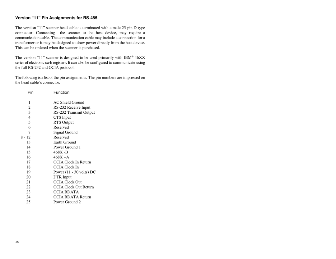 Metrologic Instruments MS860 manual Version 11 Pin Assignments for RS-485 