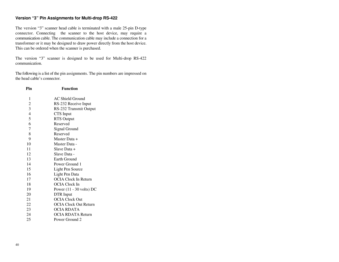 Metrologic Instruments MS860 manual Version 3 Pin Assignments for Multi-drop RS-422 