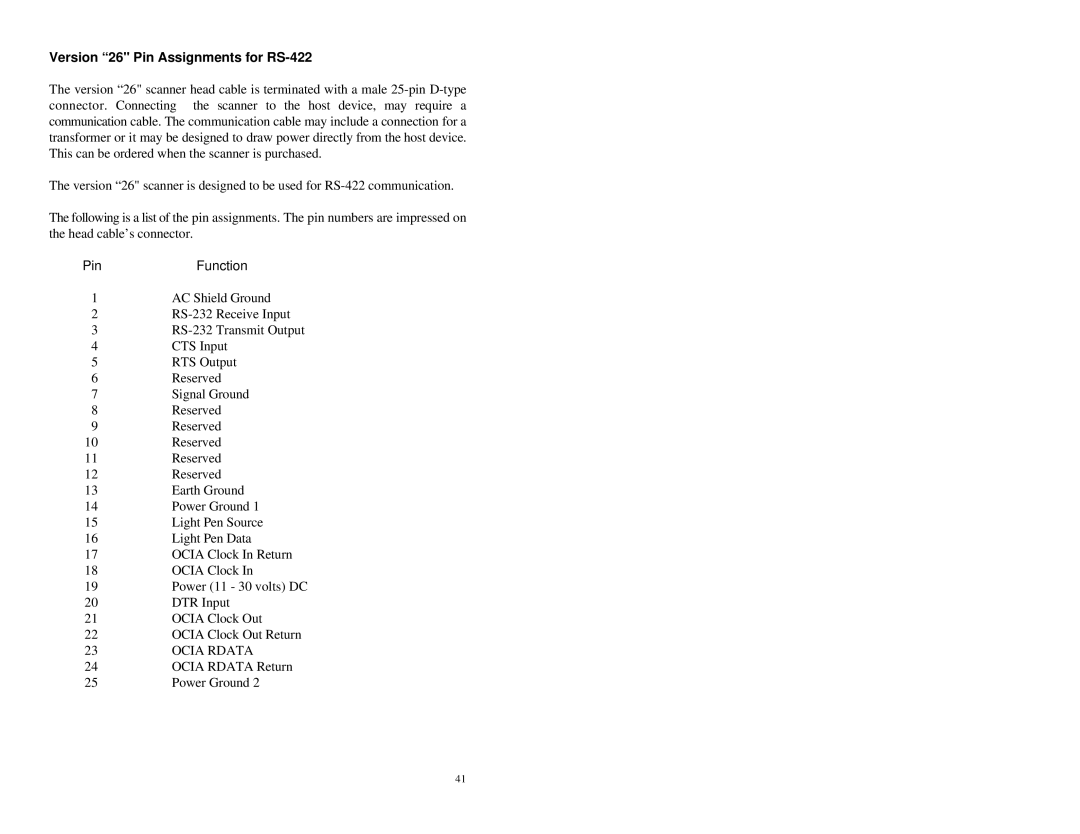 Metrologic Instruments MS860 manual Version 26 Pin Assignments for RS-422 