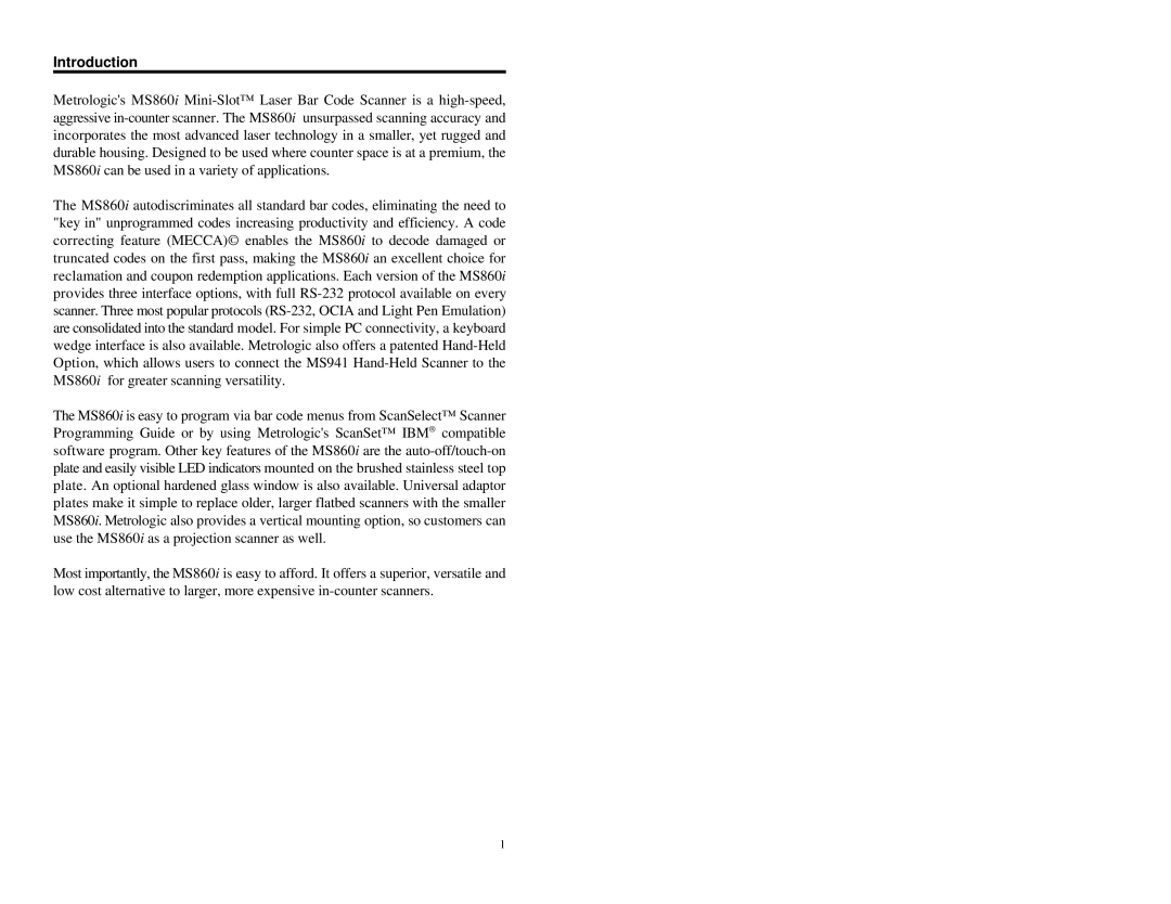 Metrologic Instruments MS860 manual Introduction 