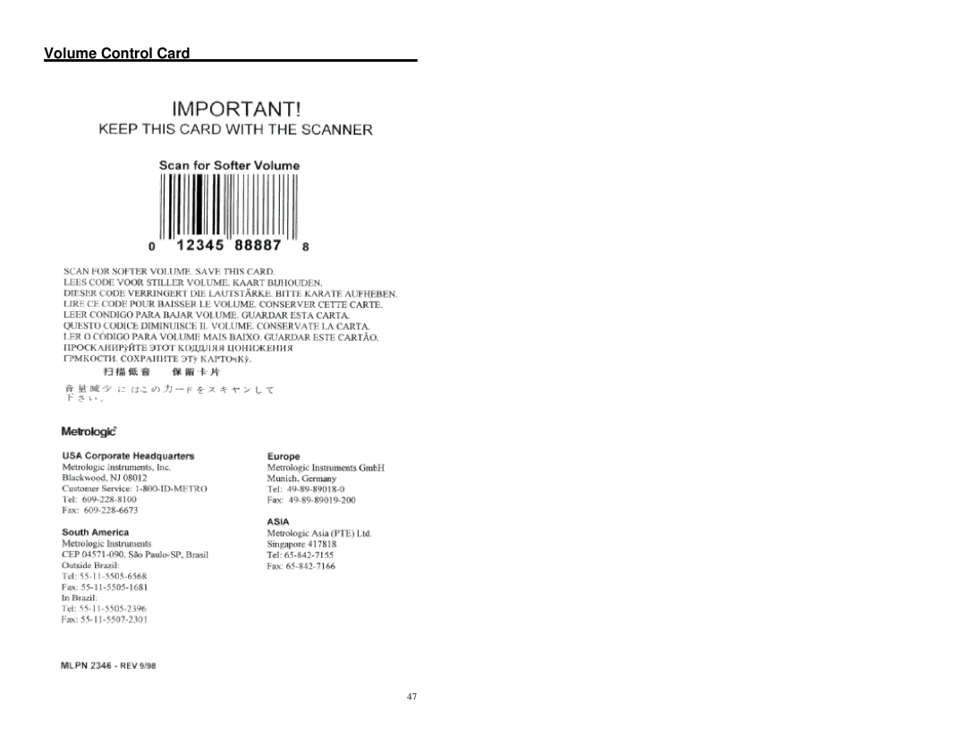 Metrologic Instruments MS860 manual Volume Control Card 