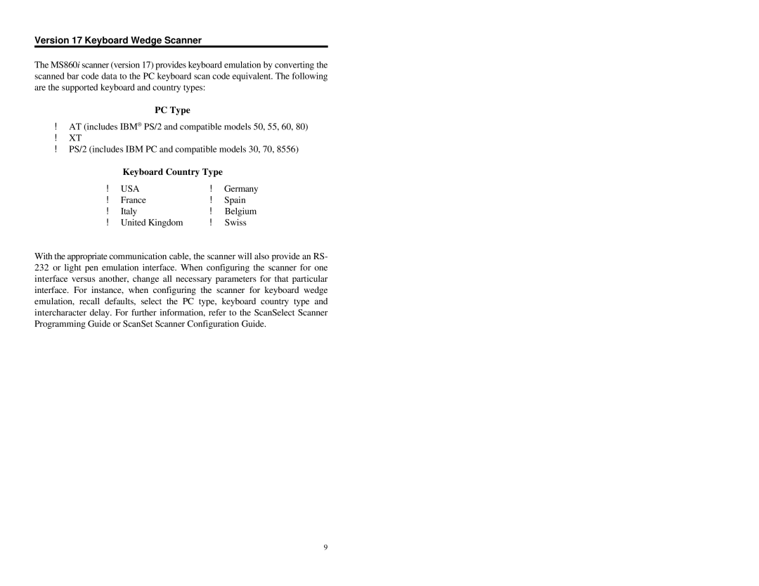 Metrologic Instruments MS860i manual Version 17 Keyboard Wedge Scanner, PC Type 