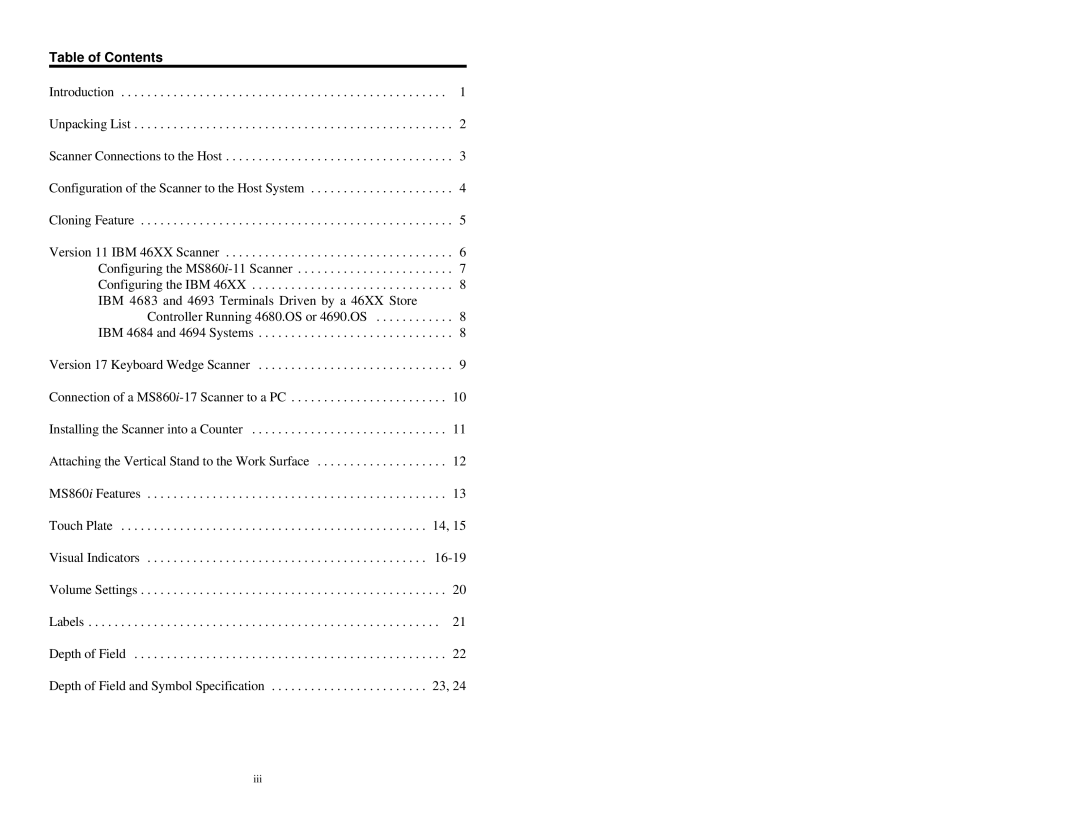 Metrologic Instruments MS860i manual Table of Contents 