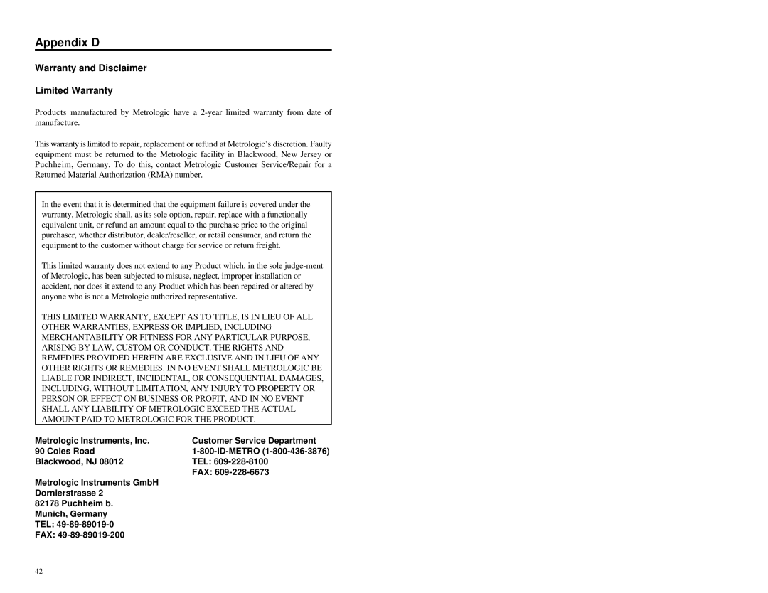 Metrologic Instruments MS860i manual Appendix D, Warranty and Disclaimer Limited Warranty 