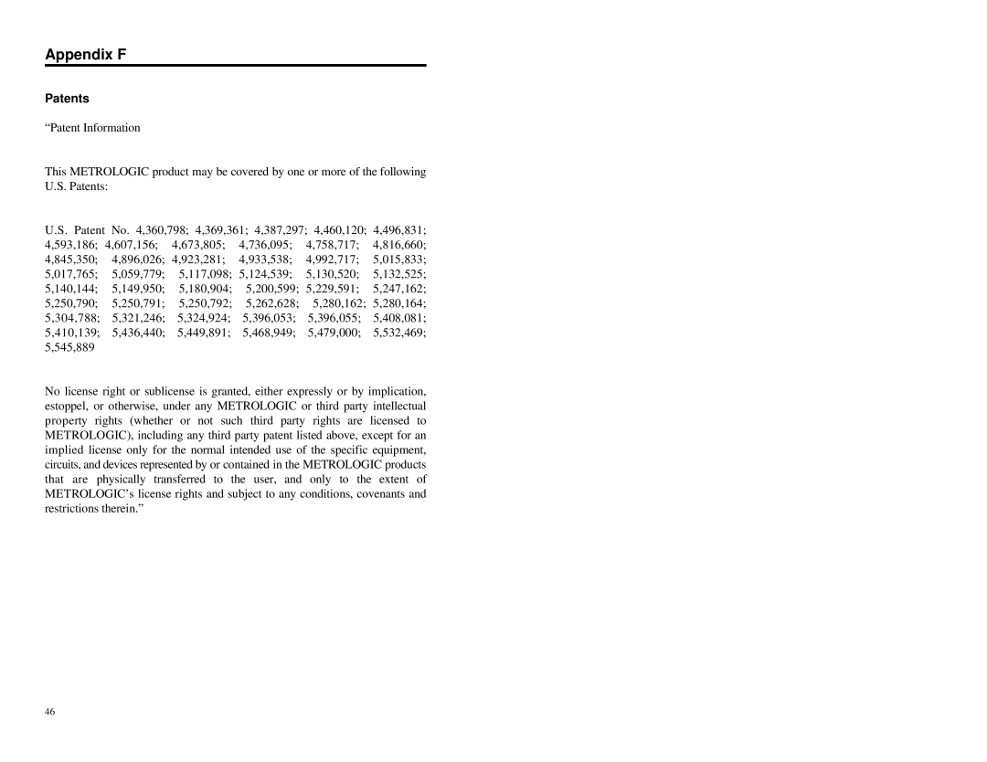 Metrologic Instruments MS860i manual Appendix F, Patents 