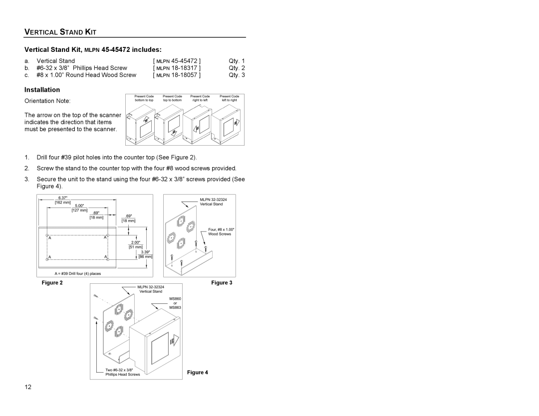 Metrologic Instruments MS863 manual Vertical Stand KIT, Installation 