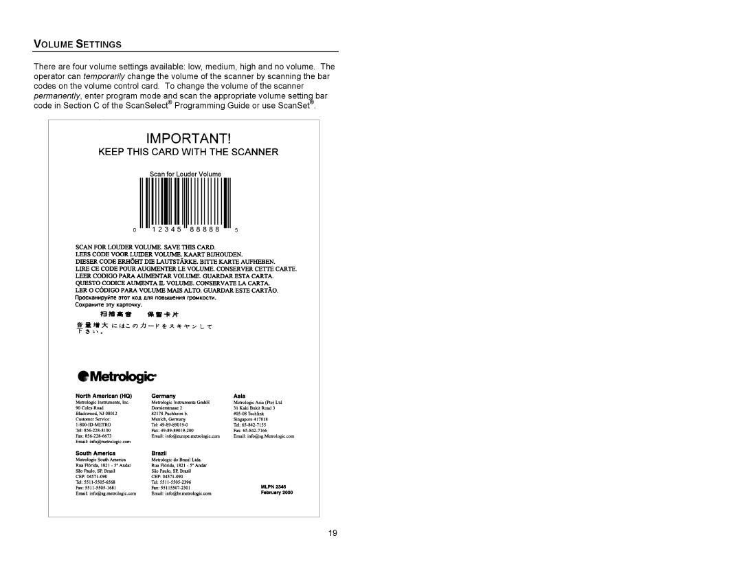 Metrologic Instruments MS863 manual Volume Settings 