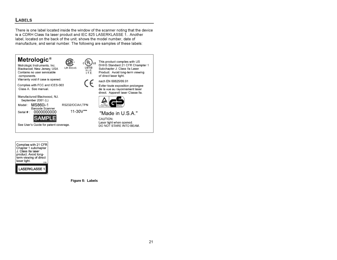 Metrologic Instruments MS863 manual Labels 