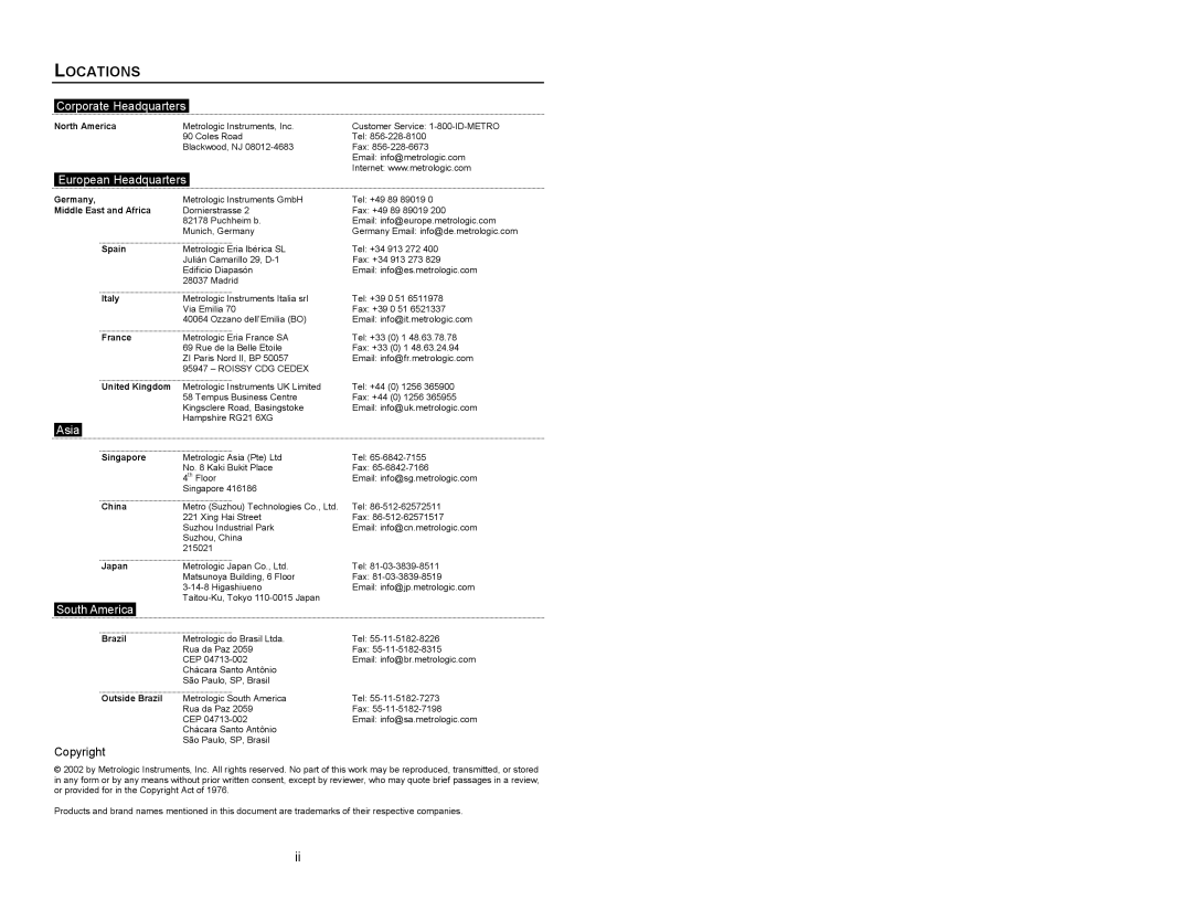 Metrologic Instruments MS863 manual Locations, Corporate Headquarters 