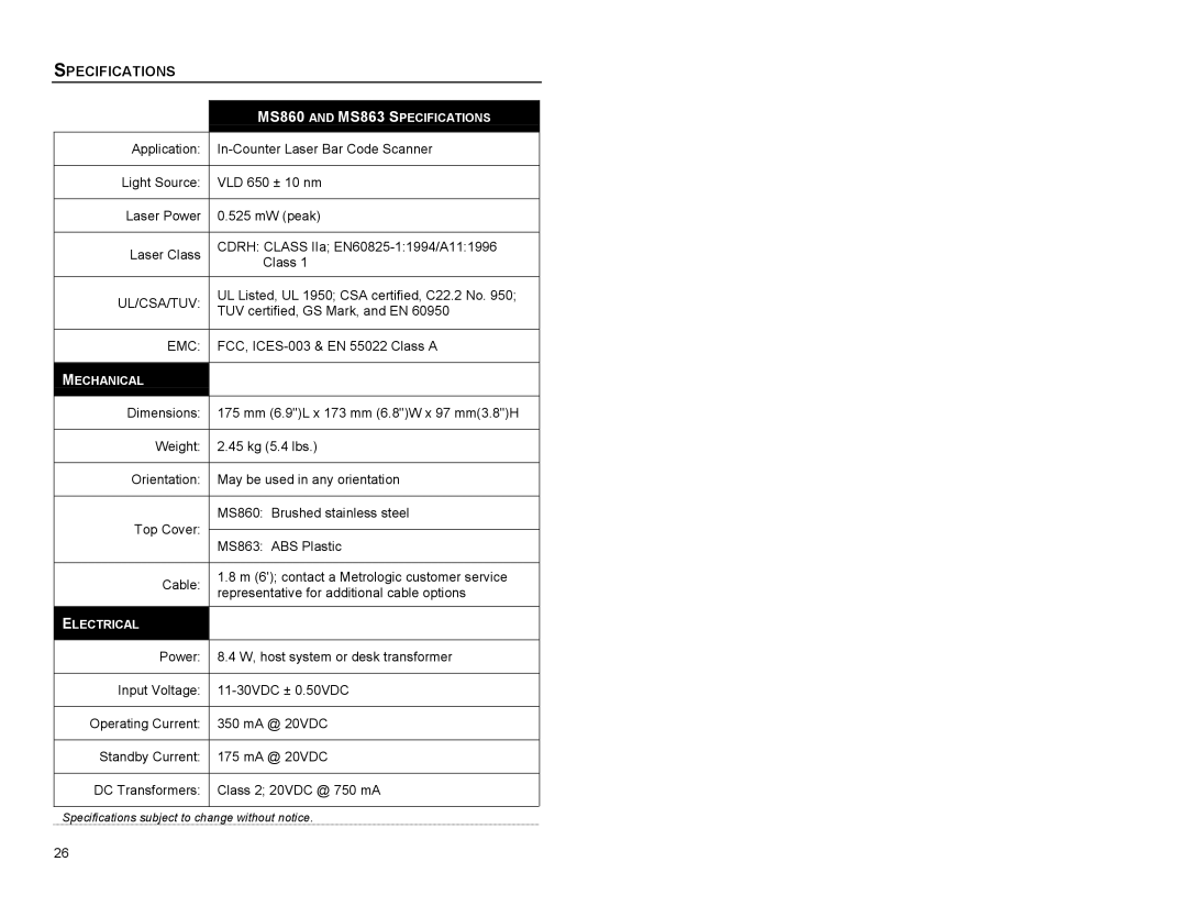 Metrologic Instruments MS863 manual Specifications, Emc 