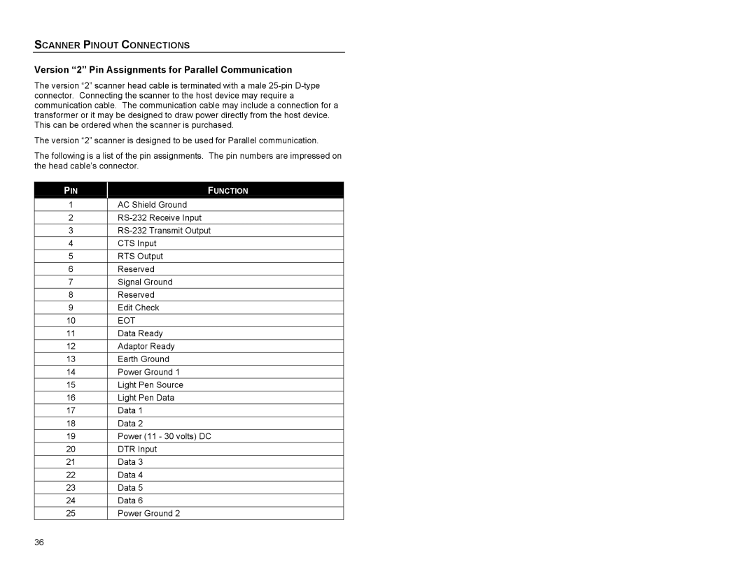 Metrologic Instruments MS863 manual Version 2 Pin Assignments for Parallel Communication 