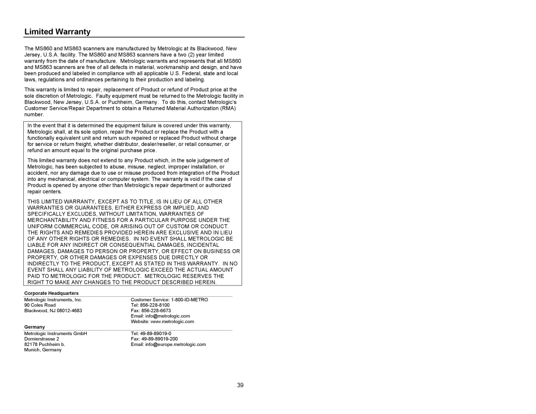 Metrologic Instruments MS863 manual Limited Warranty 