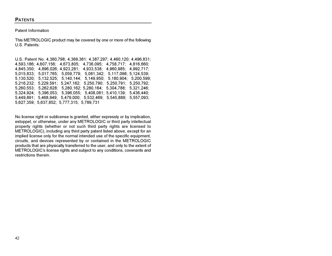 Metrologic Instruments MS863 manual Patents 