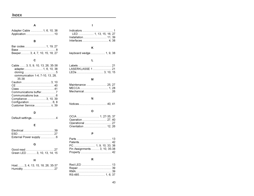 Metrologic Instruments MS863 manual Index, 35-38 