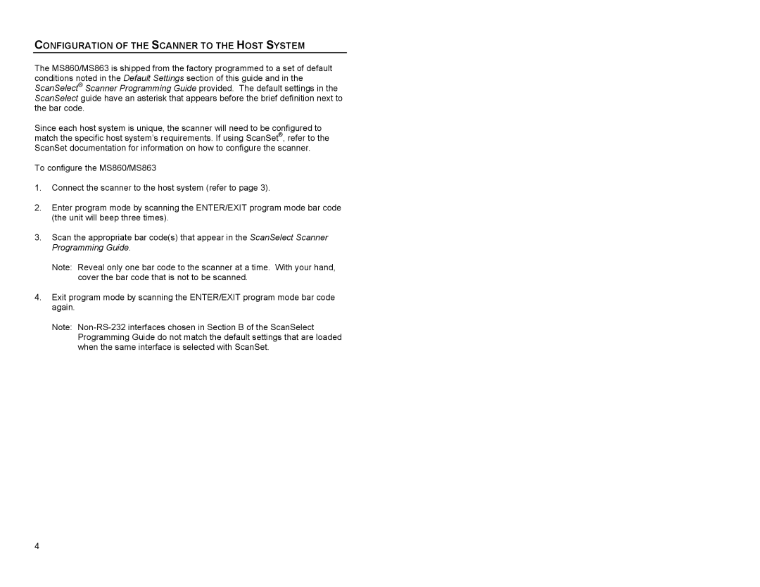 Metrologic Instruments MS863 manual Configuration of the Scanner to the Host System 