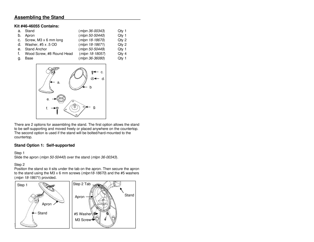 Metrologic Instruments MS9500 manual Assembling the Stand, Kit #46-46055 Contains, Stand Option 1 Self-supported 