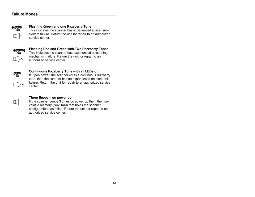 Metrologic Instruments MS9500 manual Failure Modes, Flashing Green and one Razzberry Tone 
