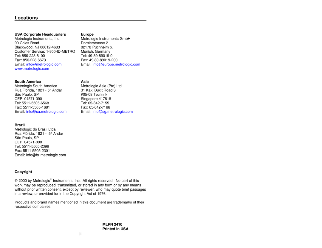 Metrologic Instruments MS9500 manual Locations, USA Corporate Headquarters Europe 