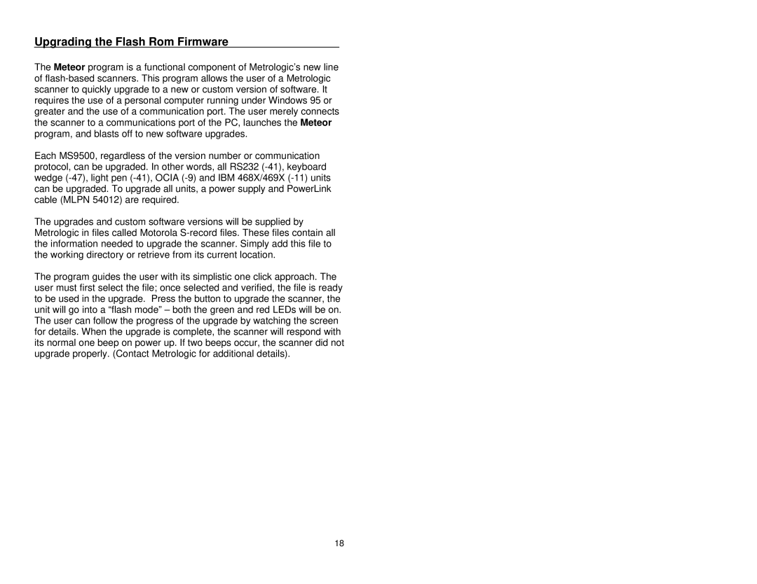 Metrologic Instruments MS9500 manual Upgrading the Flash Rom Firmware 